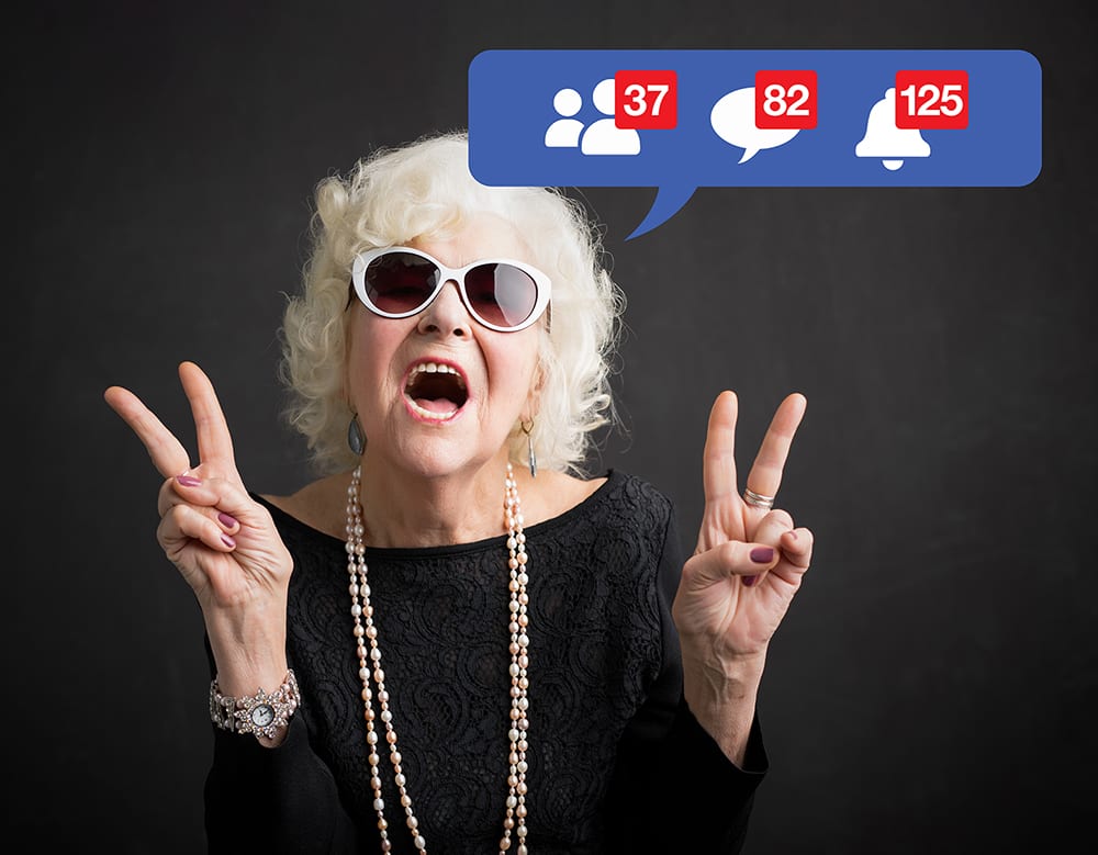 Old woman still rocking and being active on social media